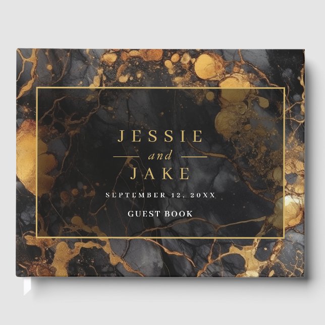 Elegant Black and Gold Marble Wedding Guest Book (Front)