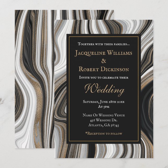 Elegant Black and Gold Marble Wedding Invitation (Front/Back)
