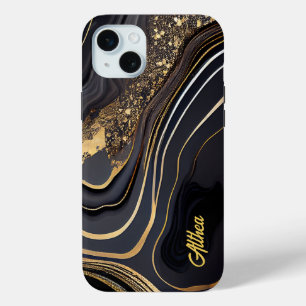 Elegant Black and Gold Marbled Customisable Name  iPhone 15 Mini Case