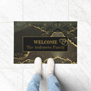 Elegant Black and Gold Marbled Hearts Welcome Name Doormat