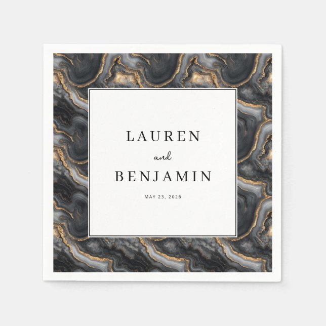 Elegant Black and Gold Marbled Napkin (Front)