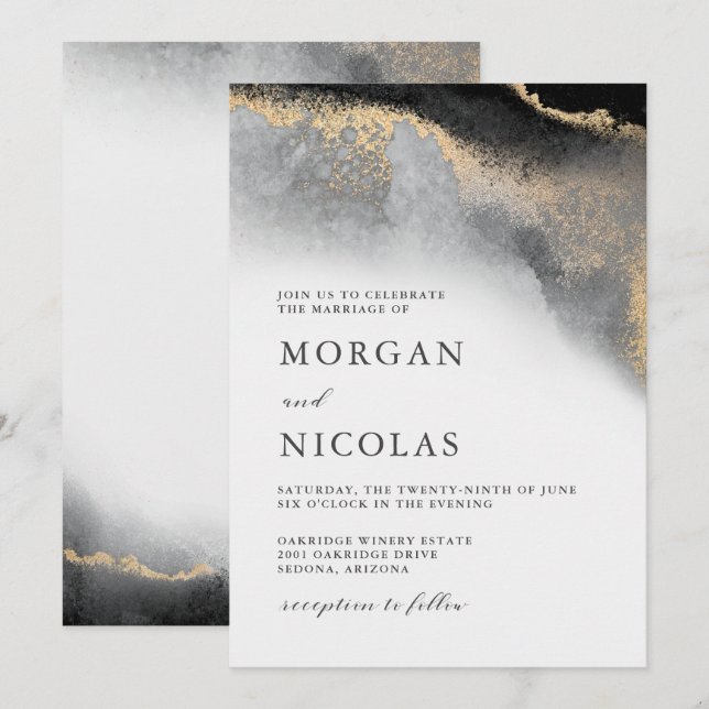 Elegant Black and Gold Marbled Opulence Wedding Invitation (Front/Back)