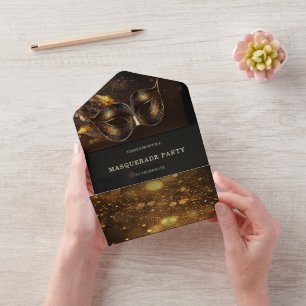  Elegant Black and Gold Masquerade With RSVP All In One Invitation