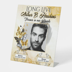 Elegant Black and Gold Memorial Photo Funeral  Pedestal Sign