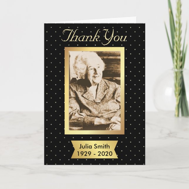 Elegant Black and Gold Memorial Thank You Card (Front)