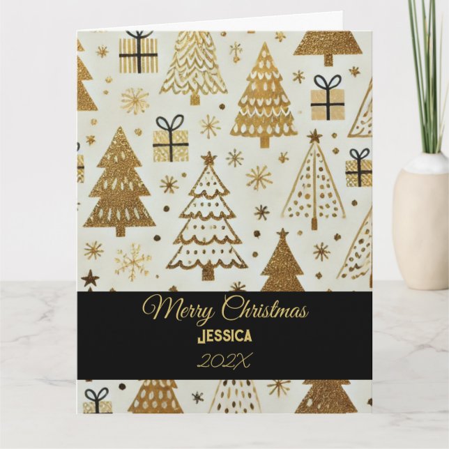 Elegant Black and Gold Merry Christmas Custom Name Card (Front)