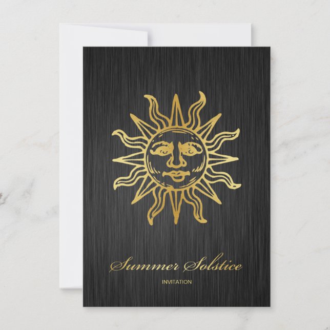 Elegant Black and Gold Metallic Summer Solstice Invitation (Front)