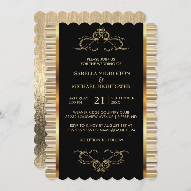 Elegant Black and Gold Metallic Wedding Invitation (Front/Back)