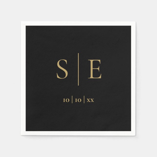 Elegant Black And Gold Monogram Date Minimalist Napkin (Front)
