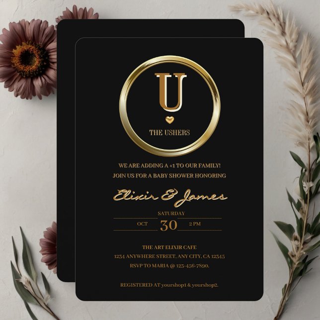 Elegant Black and Gold Monogram Family Baby Shower Invitation (Creator Uploaded)