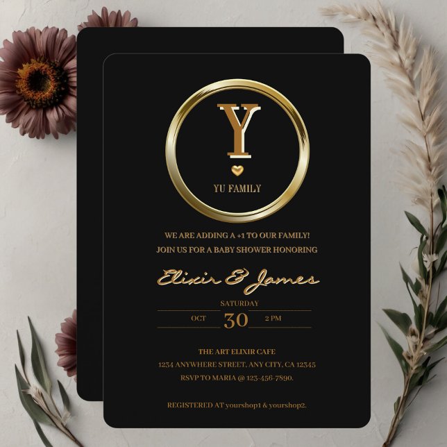 Elegant Black and Gold Monogram Family Baby Shower Invitation (Creator Uploaded)
