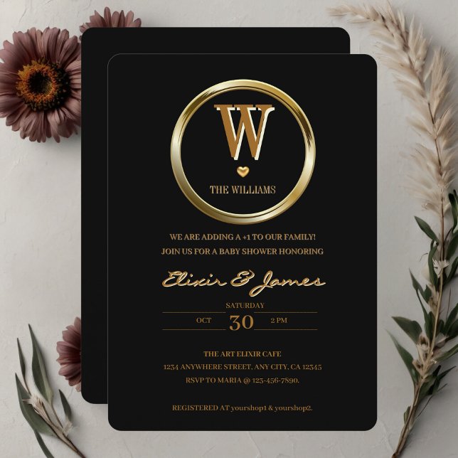 Elegant Black and Gold Monogram Family Baby Shower Invitation (Creator Uploaded)