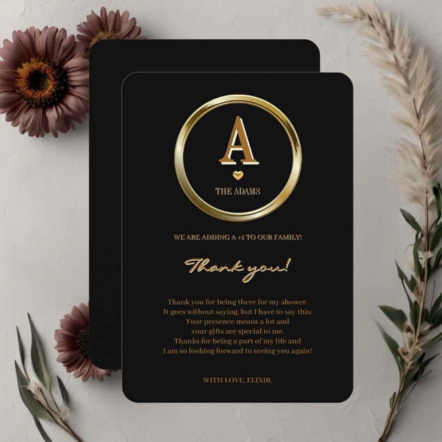 Elegant Black and Gold Monogram Family Baby Shower Thank You Card (Creator Uploaded)