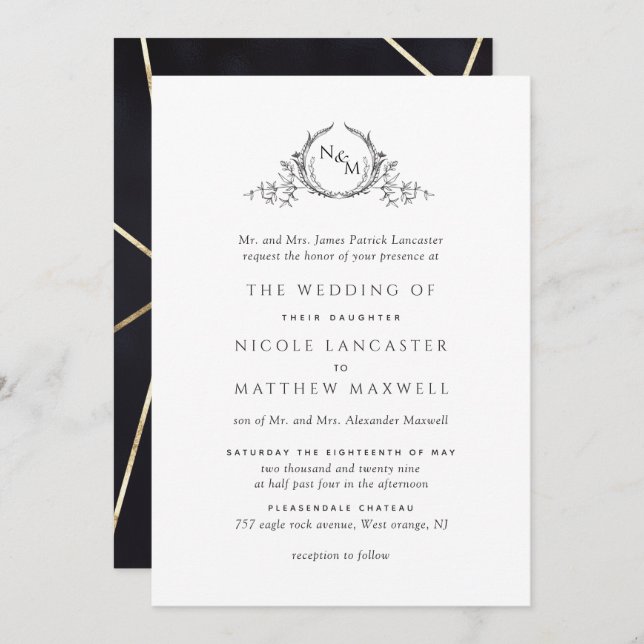 Elegant Black and Gold Monogram Formal Wedding Invitation (Front/Back)