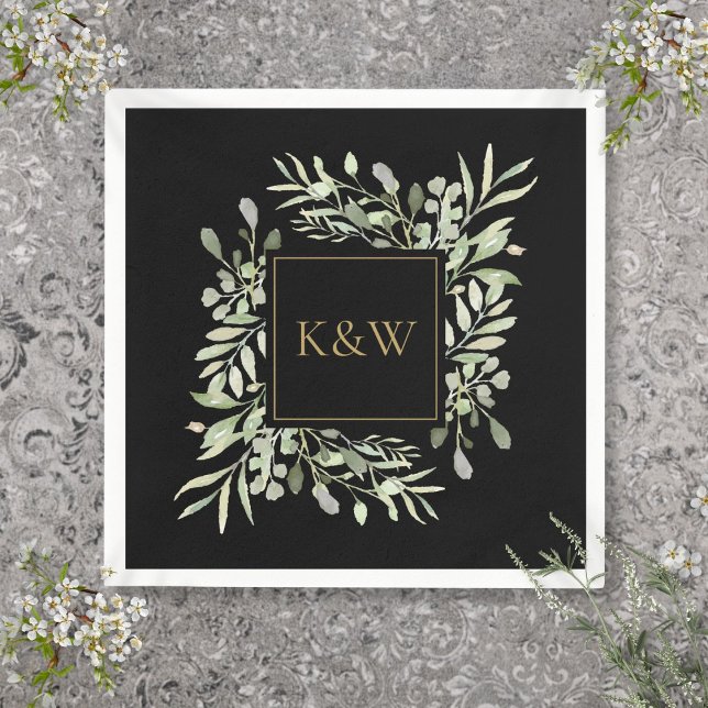Elegant Black And Gold Monogram Greenery Napkin (Elegant Black And Gold Monogram Greenery Napkins)