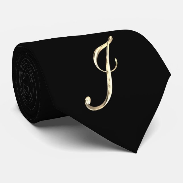 Elegant Black and Gold Monogram J Stylish Tie (Rolled)