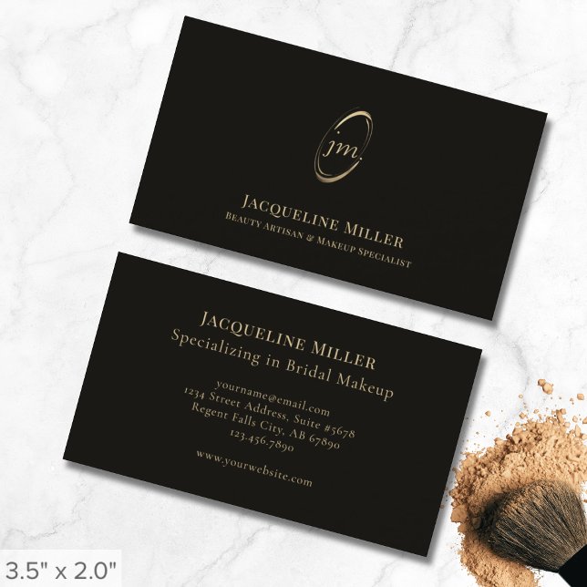 Elegant Black and Gold Monogram Makeup Artist Business Card (Creator Uploaded)