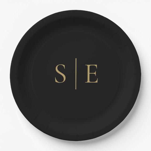 Elegant Black And Gold Monogram Minimalist Paper Plate (Front)