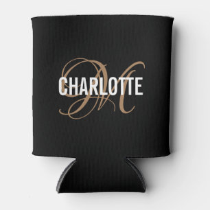 Elegant black and gold monogram name   can cooler