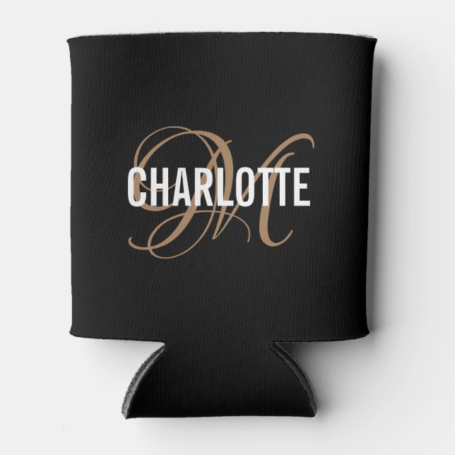 Elegant black and gold monogram name   can cooler (Front)