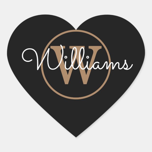 Elegant Black and Gold Monogram Name Heart Sticker (Front)