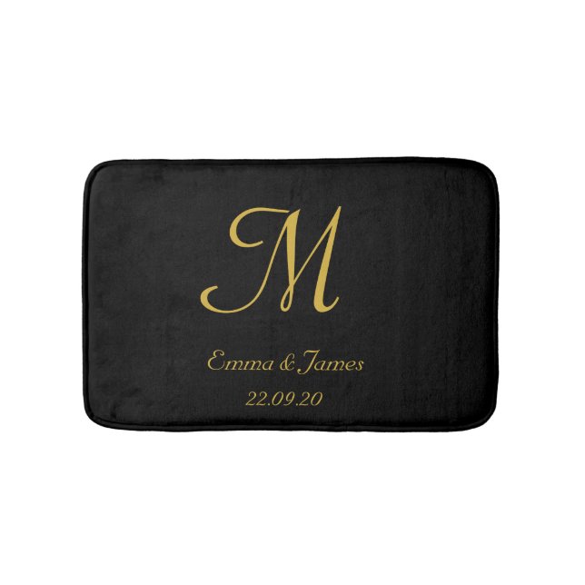 Elegant Black and Gold Monogram Name Newlyweds Bath Mat (Front)