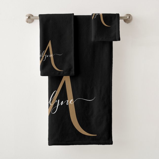 Elegant Black and Gold Monogram Script Name   Bath Towel Set (Insitu)