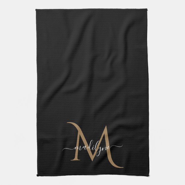 Elegant Black and Gold Monogram Script Name    Kit Tea Towel (Vertical)