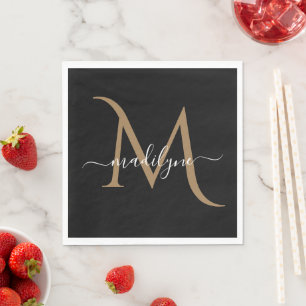 Elegant Black and Gold Monogram Script Name   Napk Napkin