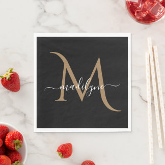 Elegant Black and Gold Monogram Script Name   Napk Napkin