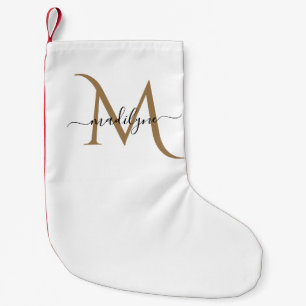 Elegant Black and Gold Monogram Script Name      Small Christmas Stocking