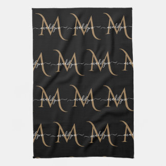 Elegant Black and Gold Monogram Script Name  Tea Towel
