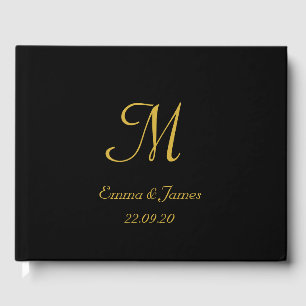 Elegant Black and Gold Monogram Script Wedding Guest Book
