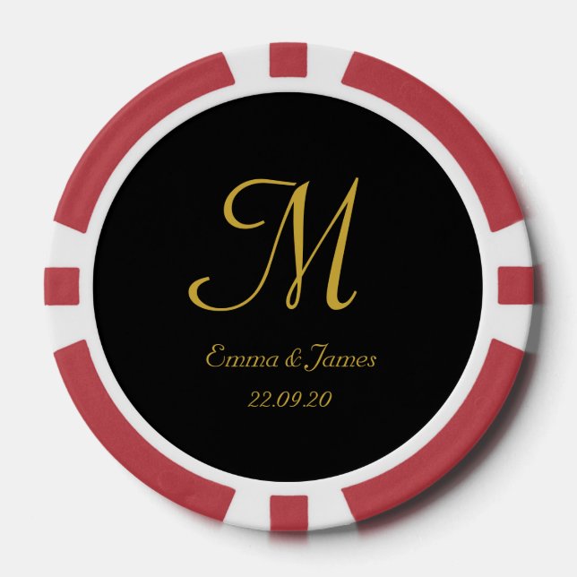 Elegant Black and Gold Monogram Script Wedding  Poker Chips (Front)