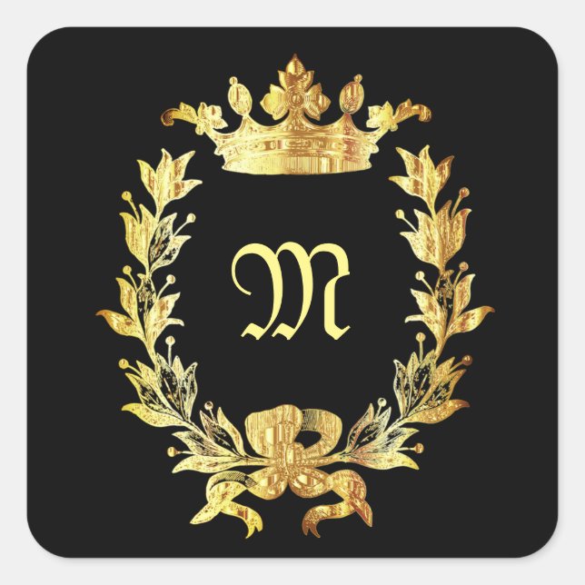 Elegant black and gold monogram square sticker (Front)