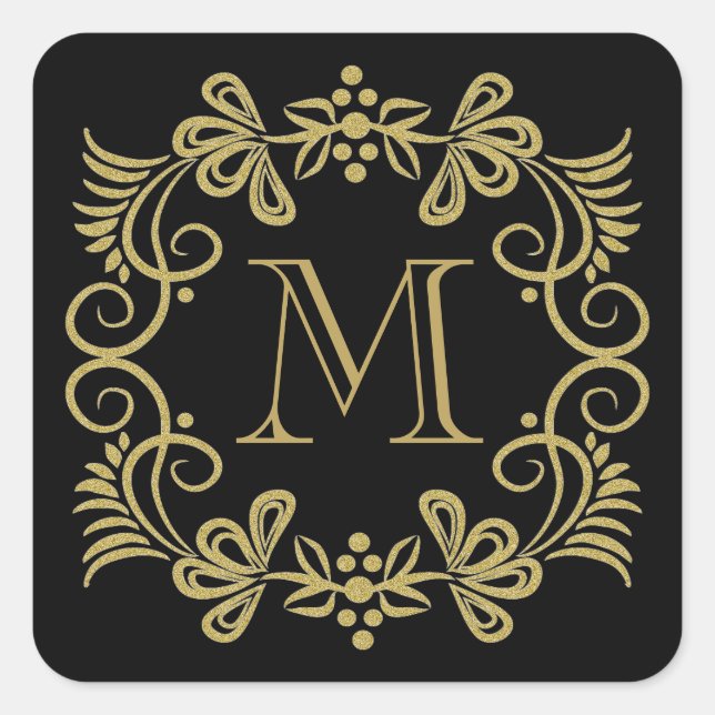 Elegant Black And Gold Monogram Stickers (Front)
