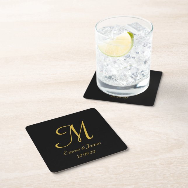 Elegant Black and Gold Monogram Wedding Party  Square Paper Coaster (Insitu)
