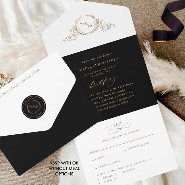 Elegant Black and Gold Monogram Wedding with RSVP  All In One Invitation (Creator Uploaded)