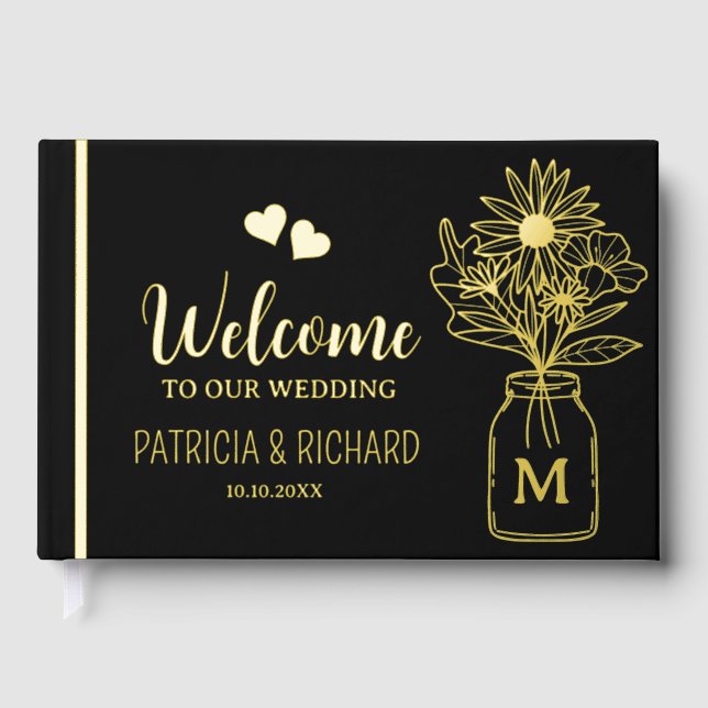  Elegant Black And Gold Monogrammed Wedding Guest Book (Front)