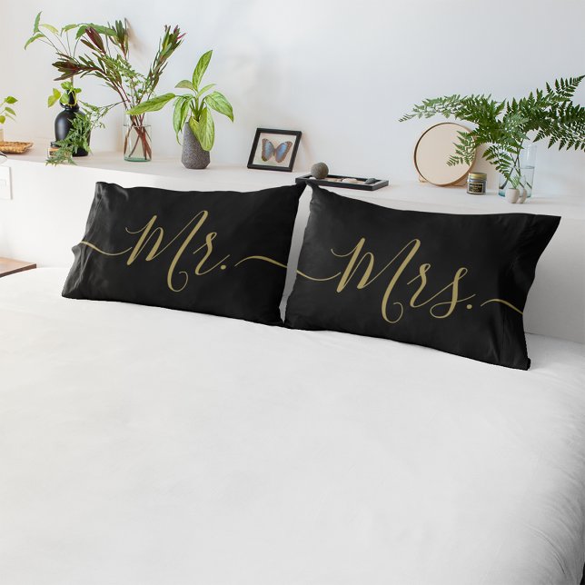 Elegant Black and Gold Mr. Mrs. Script Newlywed Pillowcase (Mr. and Mrs. black gold elegant script newlywed pillow cases.)
