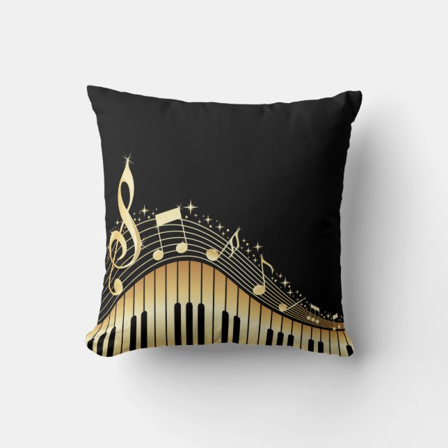 Elegant Black And Gold Music Notes Design Cushion (Front)