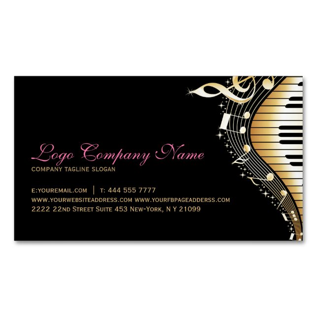 Elegant Black And Gold Music Notes Design Magnetic Business Card (Front)