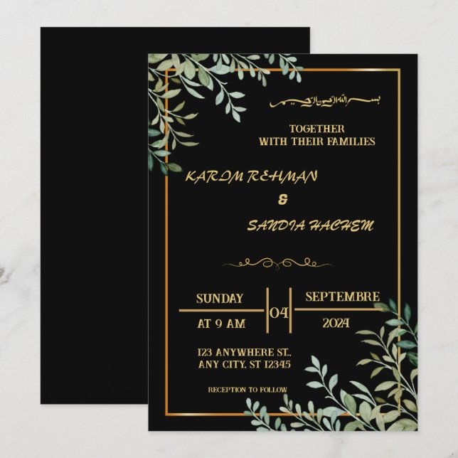 Elegant Black and gold Muslim Wedding Invitation (Front/Back)