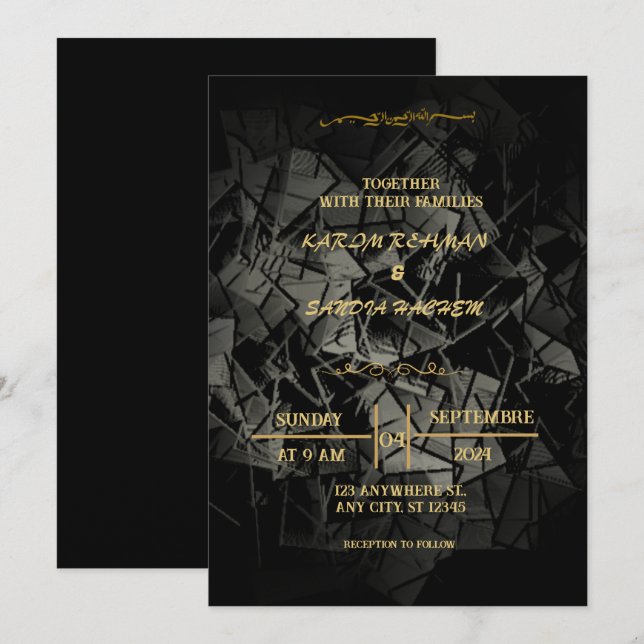 Elegant Black and gold Muslim Wedding Invitation (Front/Back)