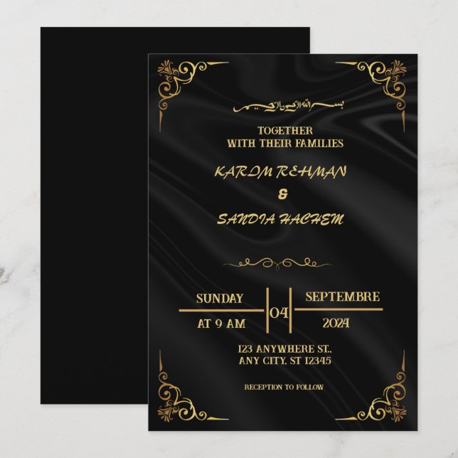 Elegant Black and gold Muslim Wedding Invitation (Front/Back)