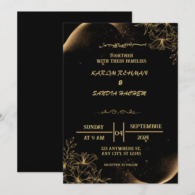 Elegant Black and gold Muslim Wedding Invitation (Front/Back)