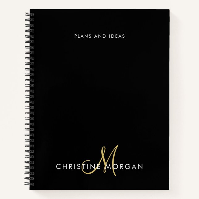 Elegant black and gold name monogram initial notebook (Front)
