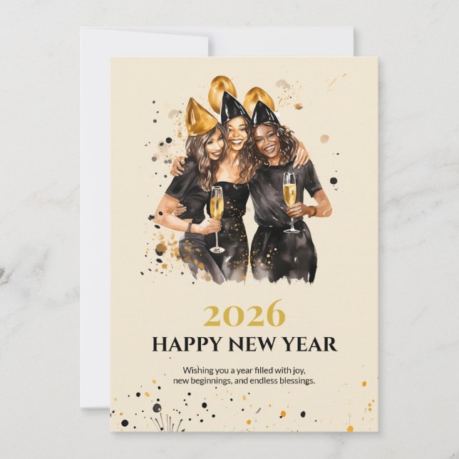 Elegant Black and Gold New Year Greeting Card (Front)