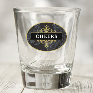 Elegant Black and Gold Paisley Personalised Shot Glass