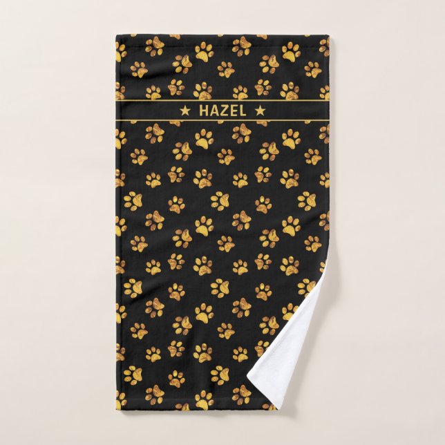  Elegant Black And Gold Paw Print Custom Dog Towel (Hand Towel)